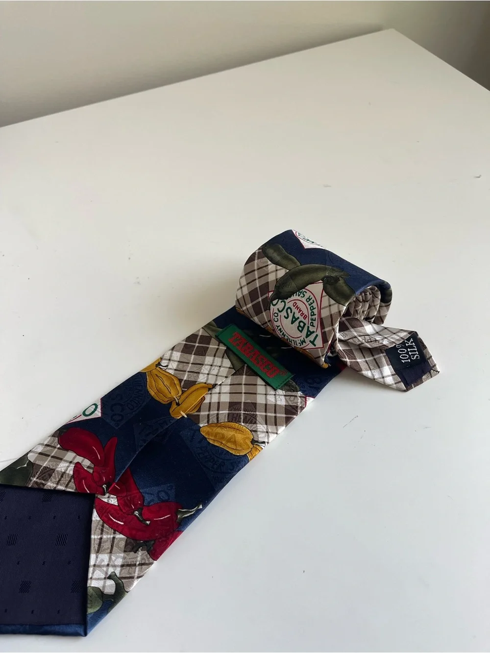 Tabasco Navy Silk Tie with Multicolor Pepper Motif